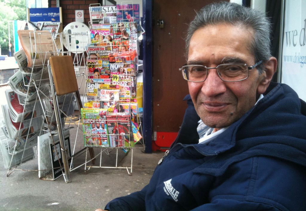 Mr Patel by his newspaper stand at Radlett Station