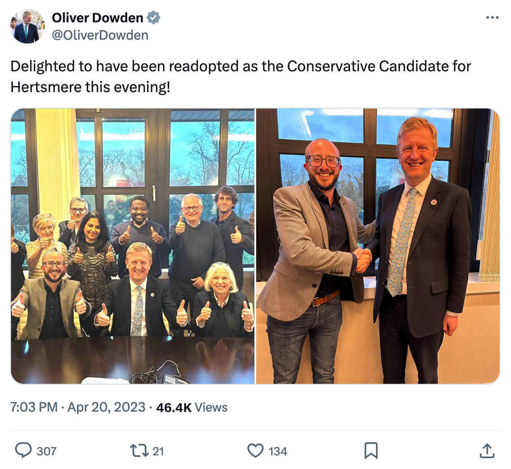 Screenshot of a tweet from Oliver Dowden MP. Two photos of Dowden with local Conservative Party members. Text reads: Delighted to have been readopted as the Conservative candidate for Hertsmere this evening!