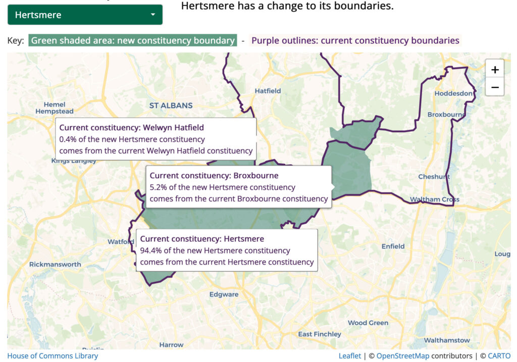 Map showing the changes to the boundaries of the Hertsmere Parliamentary constituency for the 2024 general election in the UK