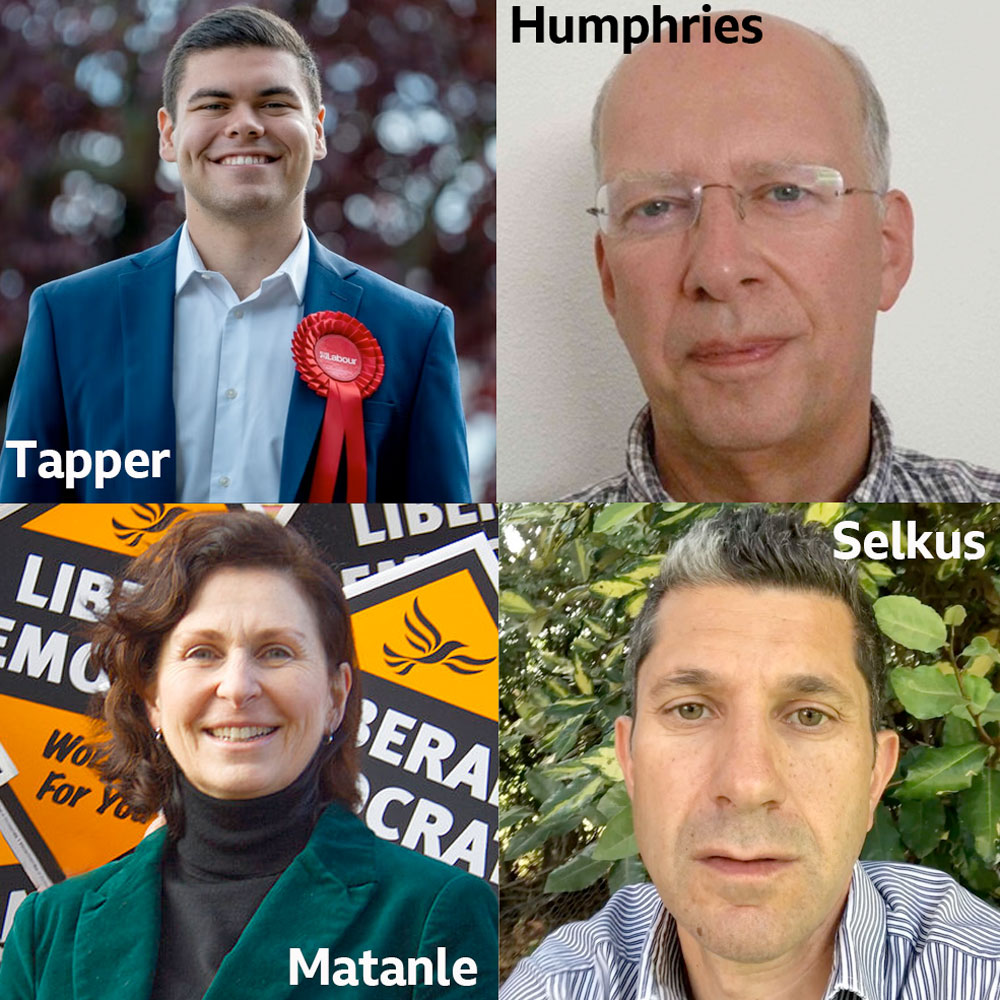 Grid of four photos of candidates in the Hertsmere Parliamentary constituency for the 2024 UK general election - clockwise from top left: Josh Tapper Labour, John Humphries Green, Darren Selkust Reform, Emma Matanle Liberal Democrat - their surnames are overlaid