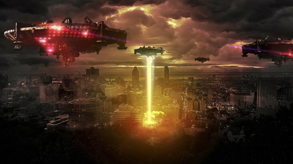 Alien invasion movie still - spaceships hover over planet's surface, dark and frightening background