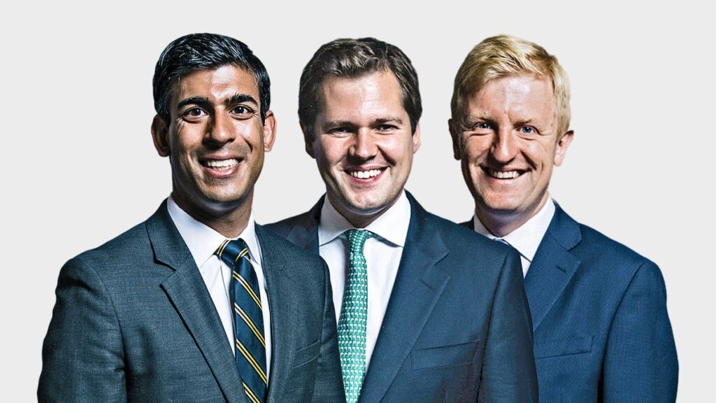 Composite of official photos of Conservative MPs Rishi Sunak, Robert Jenrick and Oliver Dowden, all smiling broadly in dark blue suits