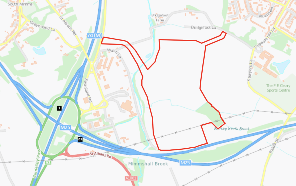 Map showing the area to the East of South Mimms services in Hertsfordshire, between Potters Bar and the M25 motorway. Marked on the map is the proposed site of a large data centre.